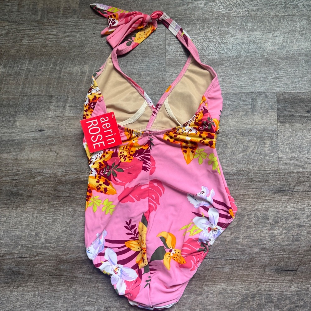 Aerin Rose One Piece Swimsuit 36/38D Halter Pink Floral Tropical Underwire NEW